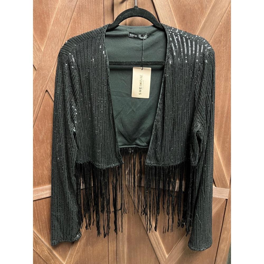 Women's SHEIN Sequin Fringe Jacket Black Size XL (US 12)